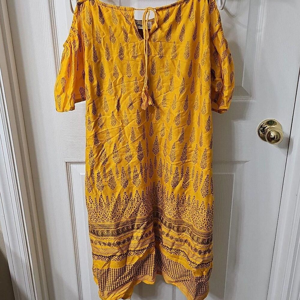 Lapogee Mustard Yellow Cold Shoulder Boho Paisley Midi Dress Size Large